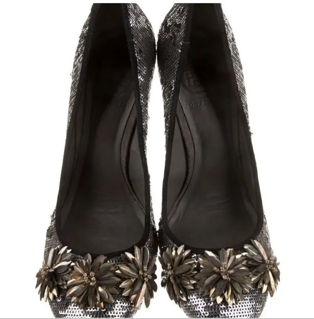 Tory Burch Sequin Embellished Pump Heels Silver Gold Metallic Evening Glam 7.5